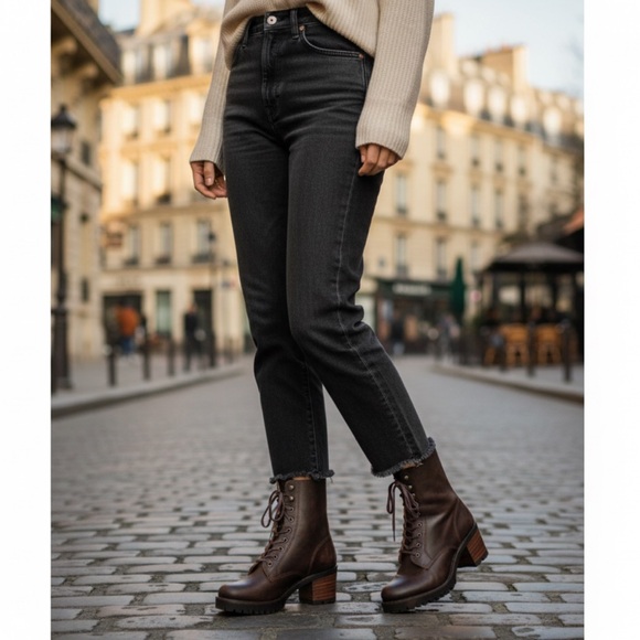 $528 Frye Sabrina Moto Brown Lace Up Leather Chunky Lug Heel Combat Ankle Bootie - Picture 5 of 16